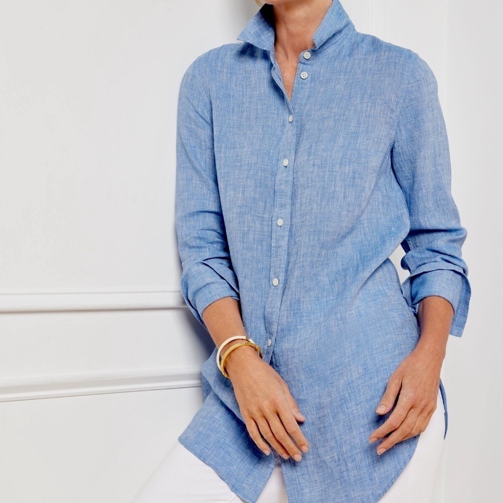 Talbots Blue Cross Dyed 100% Linen Preppy Button Front Boyfriend Shirt Size SP